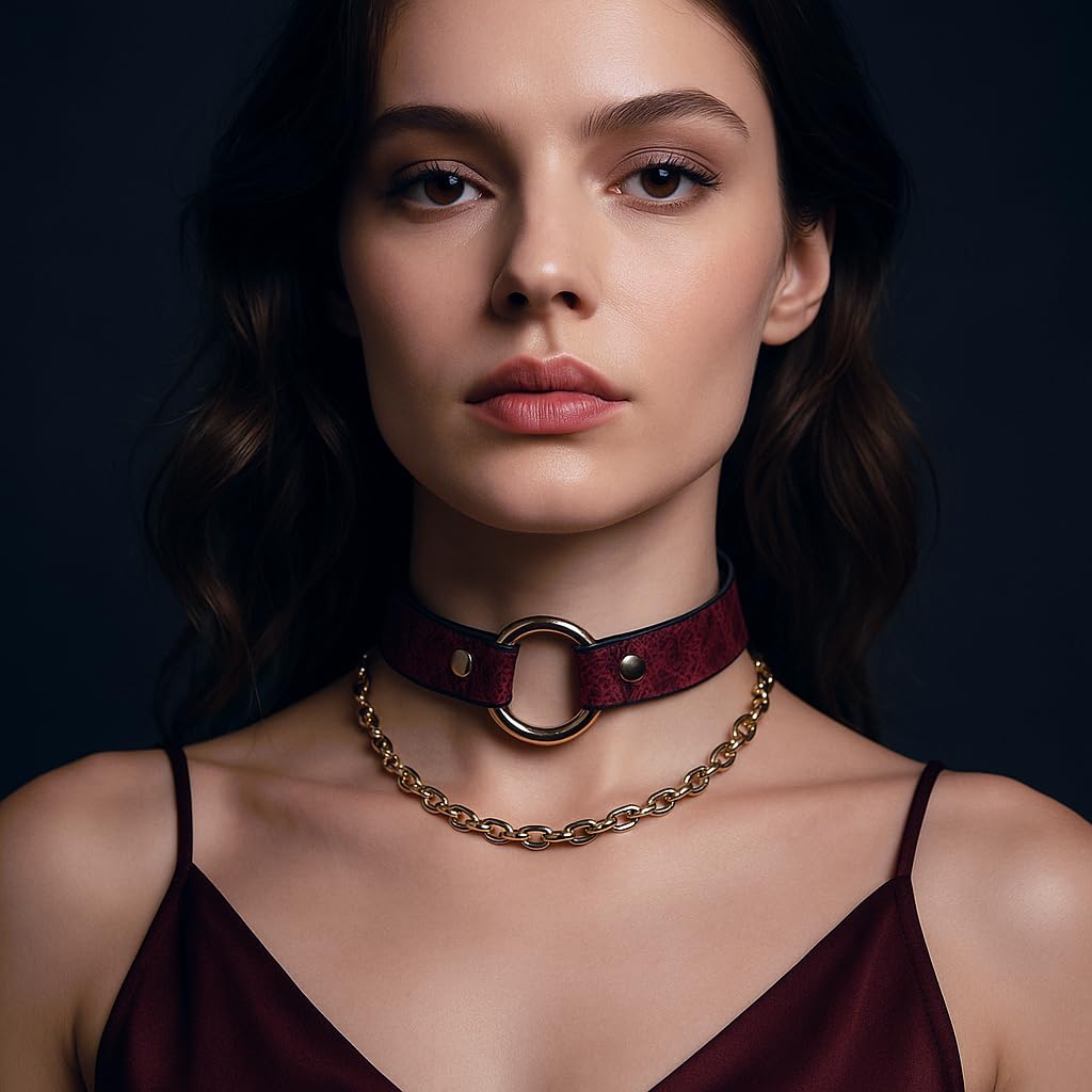 Yurielys Red Snakeskin Leather Choker Necklace with Gold Chain – Gothic Punk Adjustable Women’s Collar