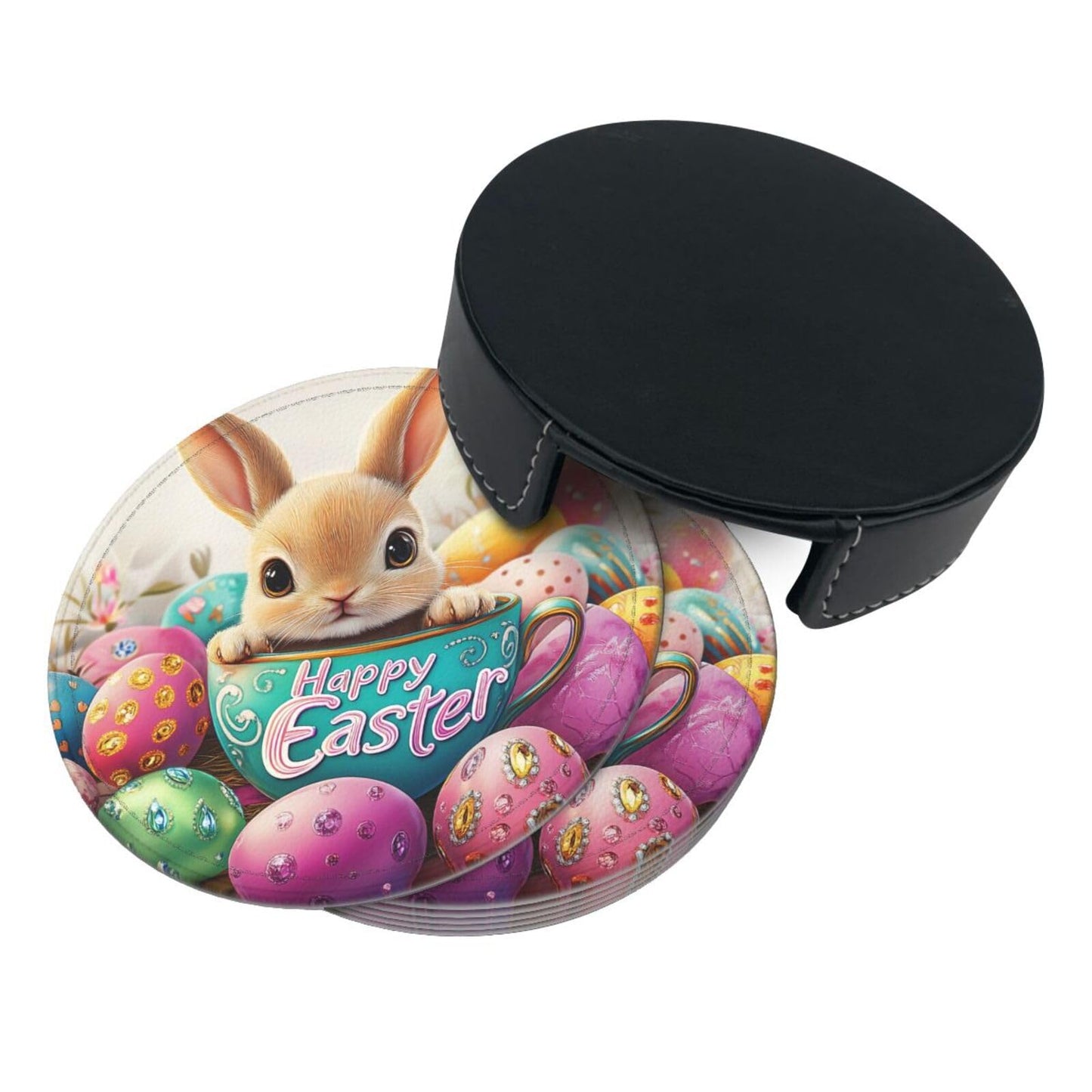 6 Pcs Easter Bunny Coasters for Drinks with Holder Round Leather Coasters Easter Coaster Sets Personalized Drink Coasters Coffee Table Cup Coaster Beer Coasters