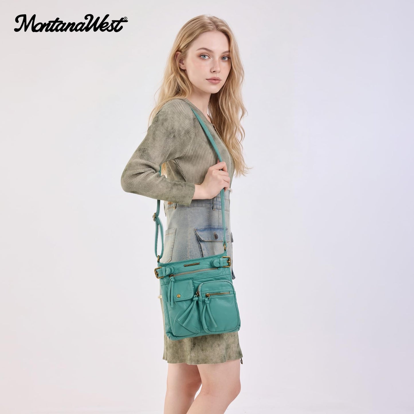 Montana West Crossbody Bag for Women Washed Soft Leather Multi Pocket Purses Vintage Women's Purses and Handbags Turquoise Gift MWC-046TQ