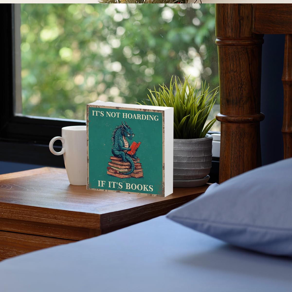 Dragon Decor Reading Wooden Box Sign, Dragon Bookshelf Library Decor Rustic Country Wooden Sign, Fantasy Book Merch Bedroom Reading Corner Book Shelf Desk Decorations Supplies