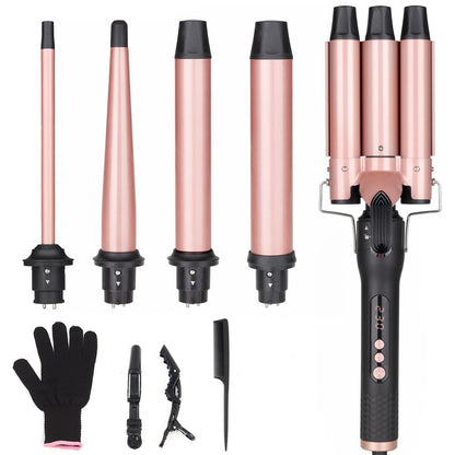 5 in 1 Curling Wand Set, Three Barrel Curling Iron Set with 3 Barrel Curling Iron and 4 Interchangeable Ceramic Curling Wand(0.5”-1.25”), Fast Heating, Include Glove & 2 Clips