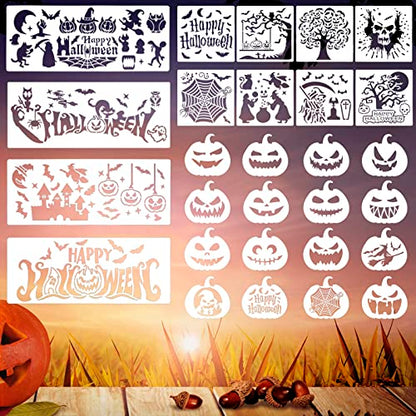 Halloween Stencils Kit (28 pcs) - lyfLux Reusable Pumpkin Carving Templates, Durable PET Material for Halloween Decorations, DIY Crafts, Wall Murals & Party Decor