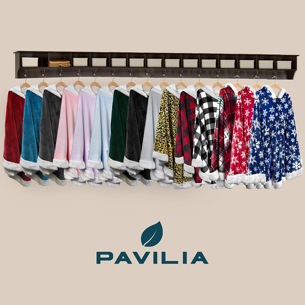 PAVILIA Hooded Blanket Poncho, Women Sherpa Fleece Shawl Wrap with Hood, Wearable Blanket Cozy Warm Poncho Cape Throw with Pockets, Gift for Elderly Mom, Black and White Buffalo Plaid Checkered
