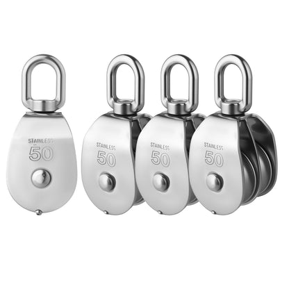 Rocaris 4 Pcs M50 Lifting Double Pulley Block 304 Stainless Steel Crane Swivel Hook Double Pulley Roller Loading