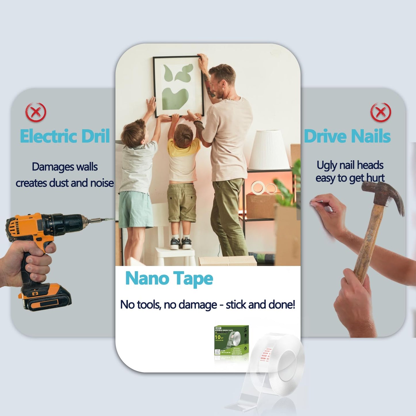 SWRT 3 Pack 1.18 Inch x 10 FT 0.08 Inch Thick Double Sided Heavy Duty Tape, Strong Adhesive Nano Tape, Reusable Mounting Tape, Multipurpose for Home, Office, and DIY Projects