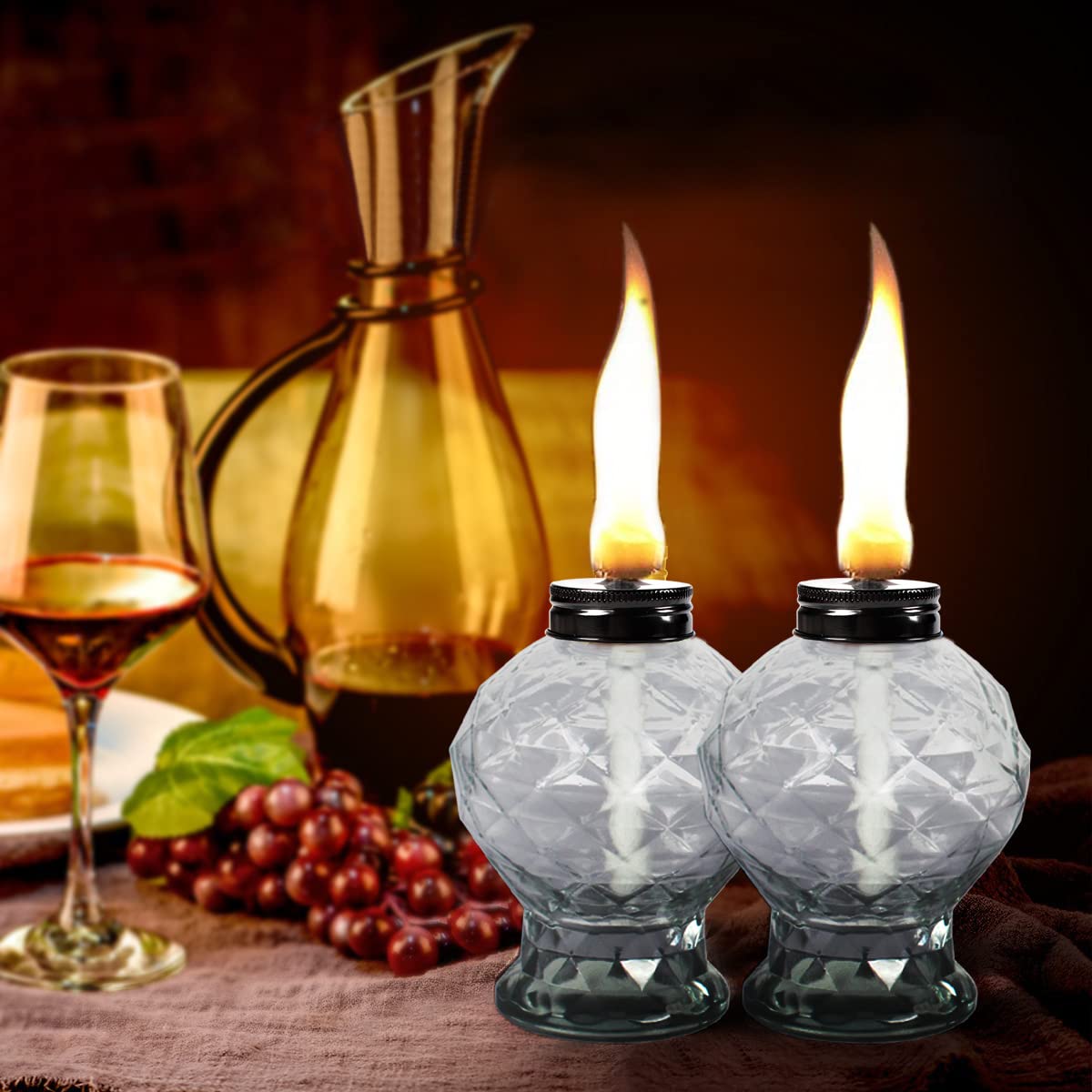 DIKAIDA 4 Pack Glass Table Torches, Citronella Table Top Torches with Wick and Cap for Outdoor, Refillable Landscape Lanterns for Yard, Patio, Christmas, Garden, Party Decor