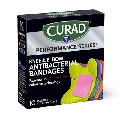 CURAD Performance Series Antibacterial Bandages, Elbows and Knees, 3" x 3", 30 Count