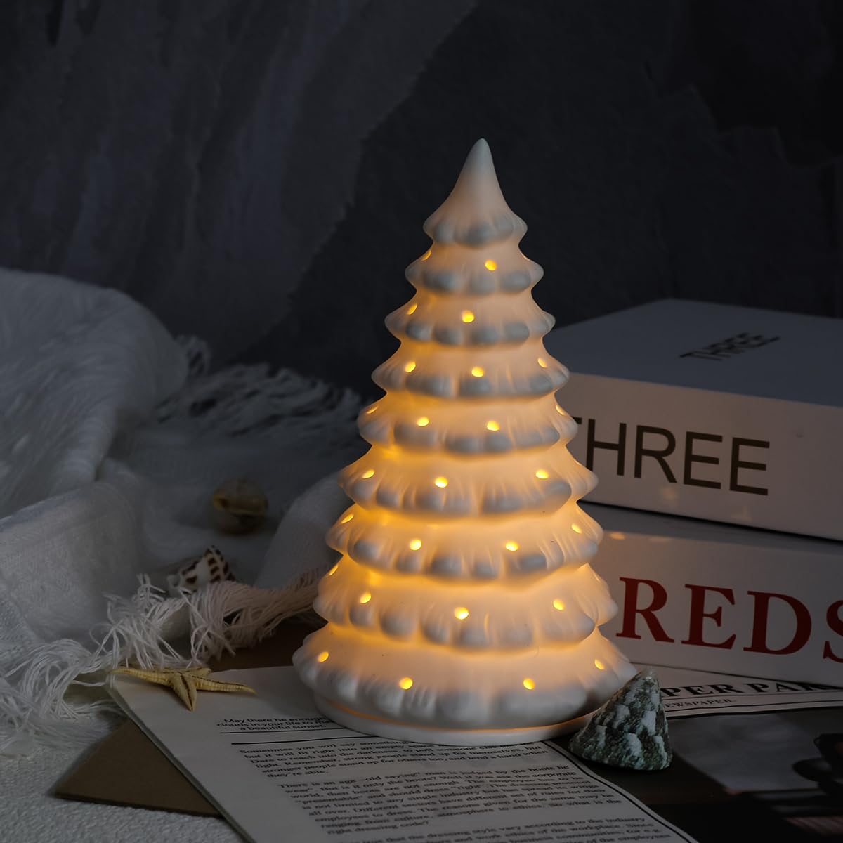 Ceramic Christmas Tree Set Tealight Ceramic Holder Height: 6.3inch Matte White Translucent Tiered Silhouette Sculptural Accents
