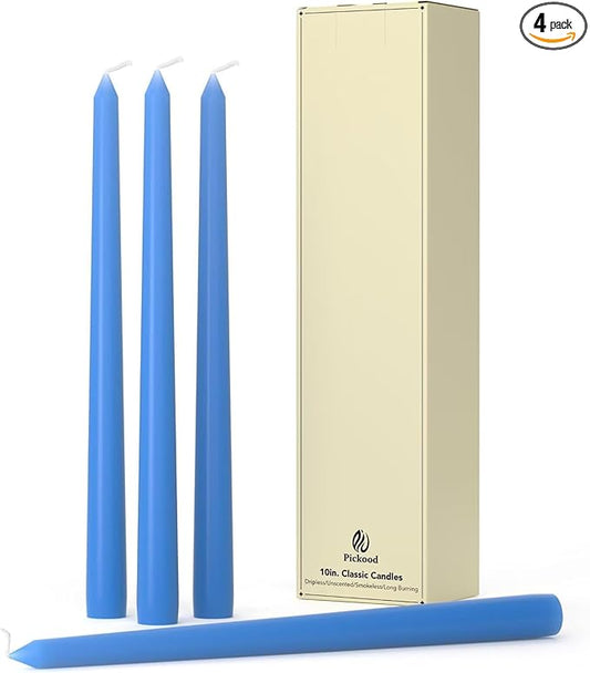 10-Inch Tall Dripless Taper Candles Set of 4 - Baby Blue Tapered Candles, Perfect for Spring - Smokeless, Unscented, Long Burning - Hand Poured, Colored Tall Candlesticks - Light Blue