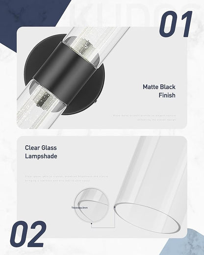 kudos Black Bathroom Sconces Wall Lighting,2 Pack LED Wall Lights with Crystal Bubble and Clear Glass, 3000K/4500K/6000K Adjustable,KDVL05-BK-2-2PK