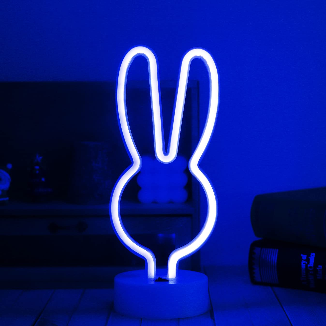 Easter Decorations Bunny Lights Neon Signs, Creative Bunny Neon Lights with Base Battery/USB Operated Rabbit Stuff for Home, Nursery Room, Baby Teen Kids Girls Bedroom, Spring Decor (Blue)