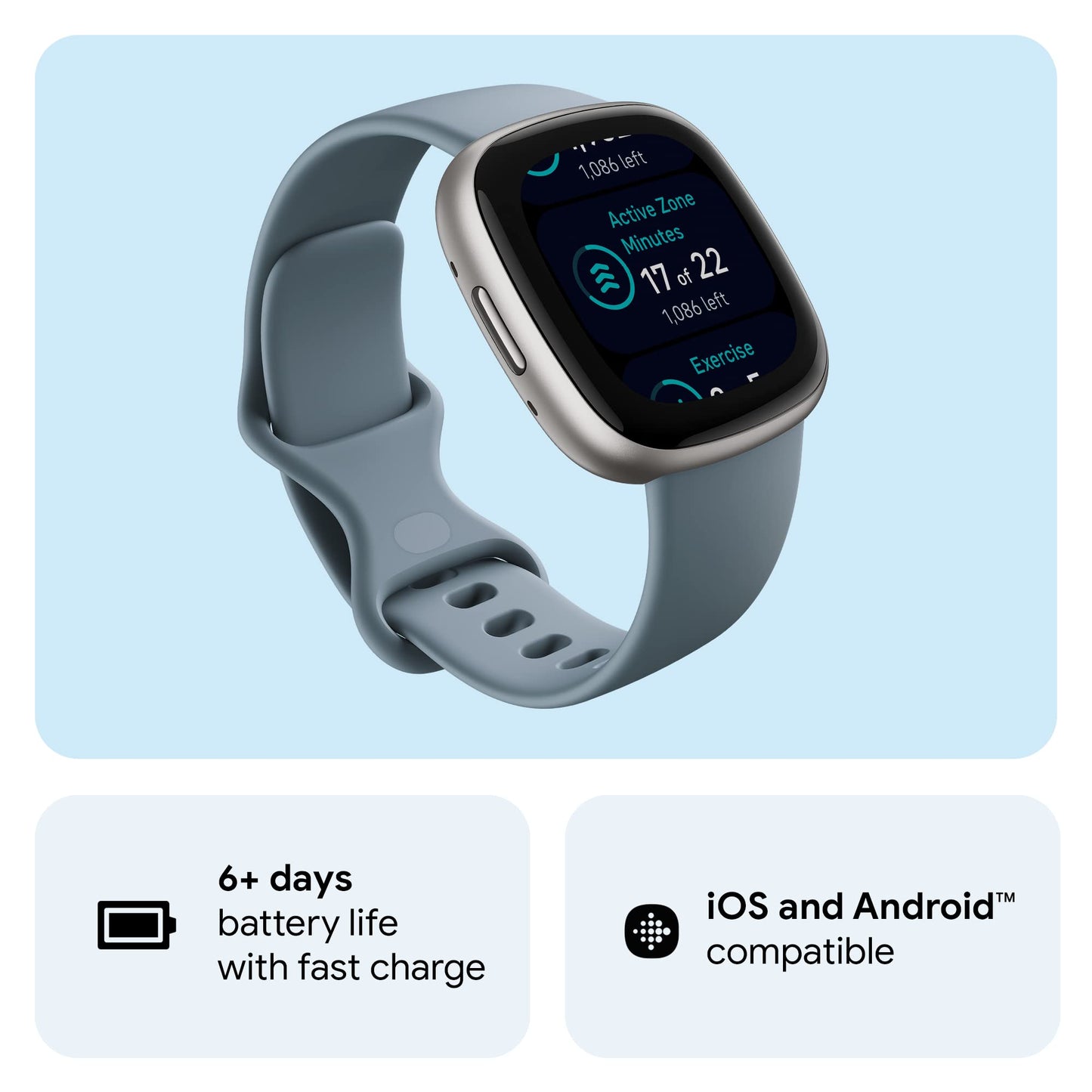 Fitbit Versa 4 Fitness Smartwatch with Daily Readiness - 3-Month Google Health Premium Membership Included - GPS, 24/7 Heart Rate, 40+ Exercise Modes, Sleep Tracking - Waterfall Blue/Platinum,