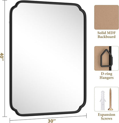 Matte Black Bathroom Vanity Mirror for Over Sink 30" x 40" Modern Rounded Corner Rectangle Wall Mirror Decorative with Non-Rusting Iron Metal Framed (Horizontal/Vertical)