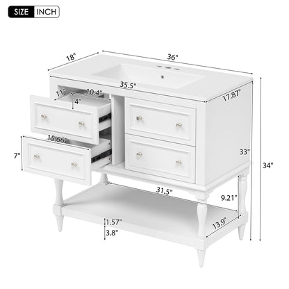Virubi 36'' Bathroom Vanity with Single Sink, Freestanding Sink Cabinet with 4 Drawers and Open Shelf, Solid Wood Frame Bathroom Storage Cabinet