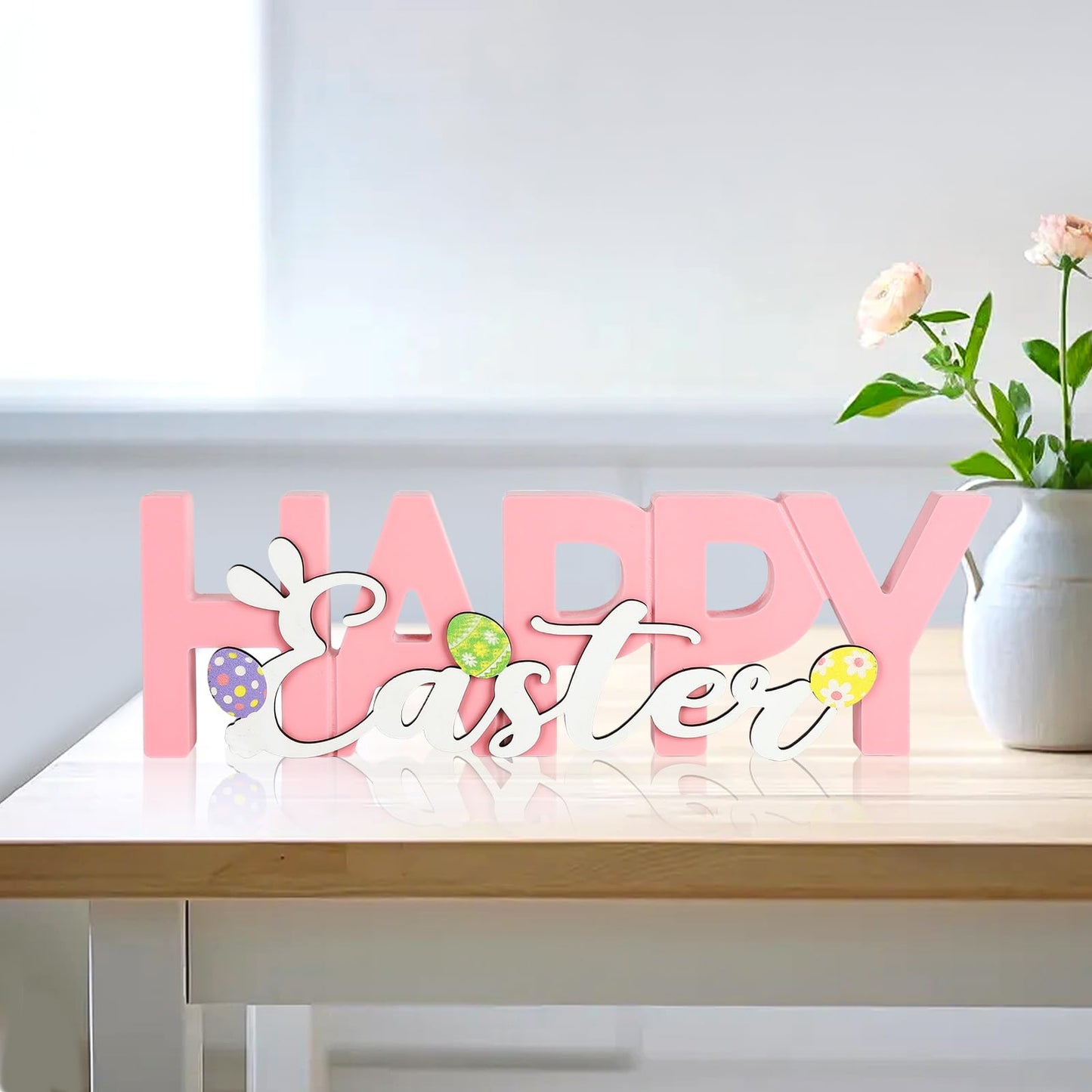 COCHIE Wooden Happy Easter Sign, Spring Decorations for Home, Office, Shelf, Mantel, Indoor, Wood Bunny Ear Egg Decor, Pink Spring Table Top Party Supplies Decoration (Easter)