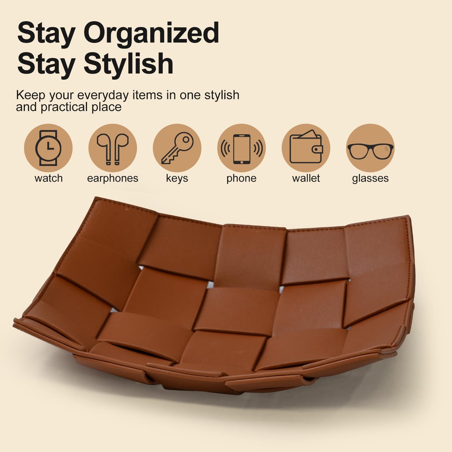 Valet Tray PU Leather Key Holder Bowl for Men and Women Entryway Table Nightstand Catchall Storage Organizer EDC Dump Tray for Wallet, Keys, Coins Men's Gift - Brown, 9.8" L x 9.8" W x 2" H