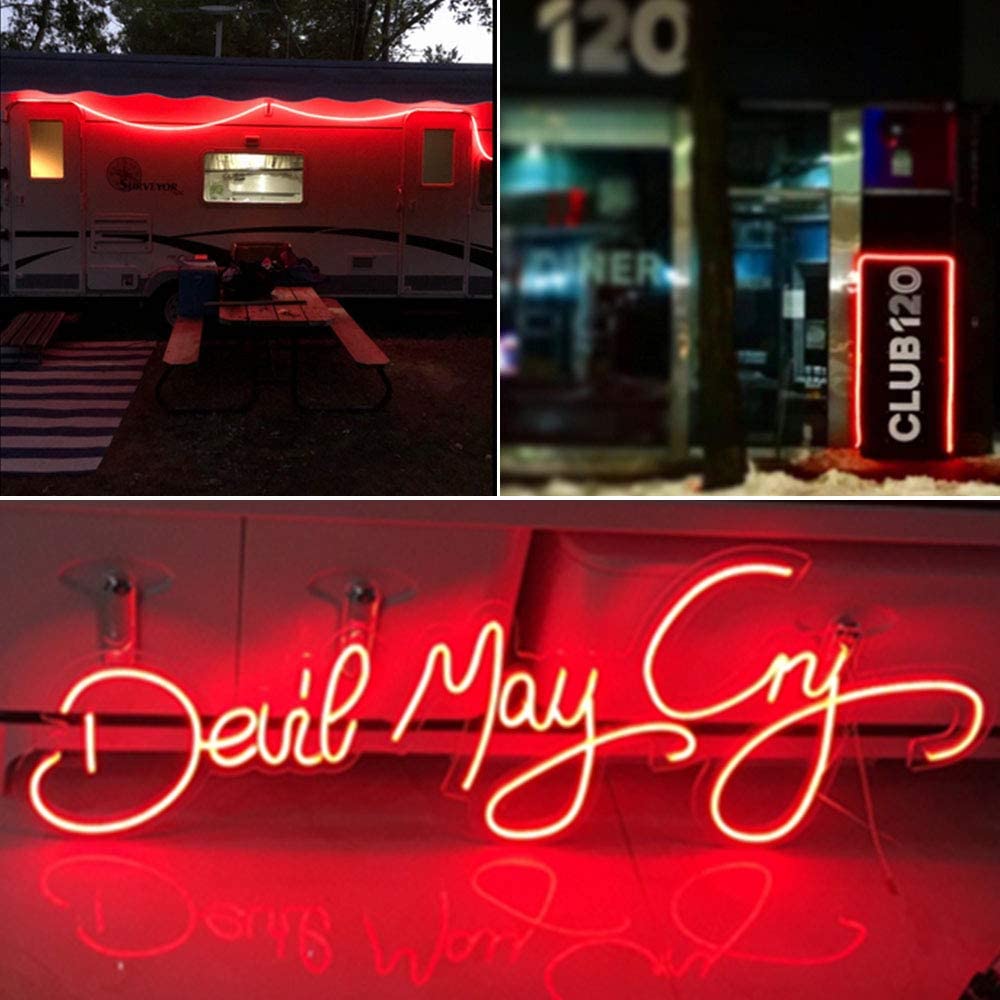YM E-Bright Red Led Neon Strip Light Without Power Supply, 12V Silicone Indoor Outdoor 16.4Ft 600SMD Waterproof Flexible for Signboard Bar Home TV Kitchen Bedroom Party Holiday Decoration