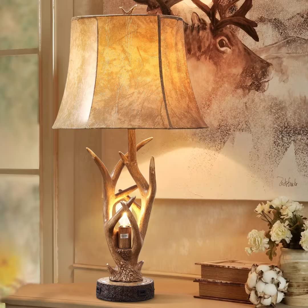 Dungoo Rustic Western Deer Table Lamps with Nightlight Set of 2, 26" Rustic Bedside Lamps for Bedroom with 2 USB Ports, Natural Antler Table Lamp for Christmas Living Room Foyer Office