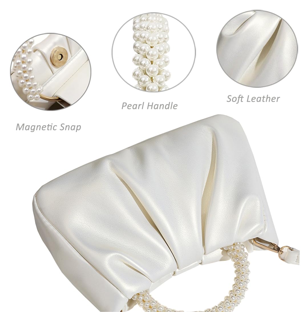 Beatfull Evening Purse Women Small Pearl Handbags Soft Leather Ruched Bag Wedding Bridal Clutch Party Prom Crossbody Purses White
