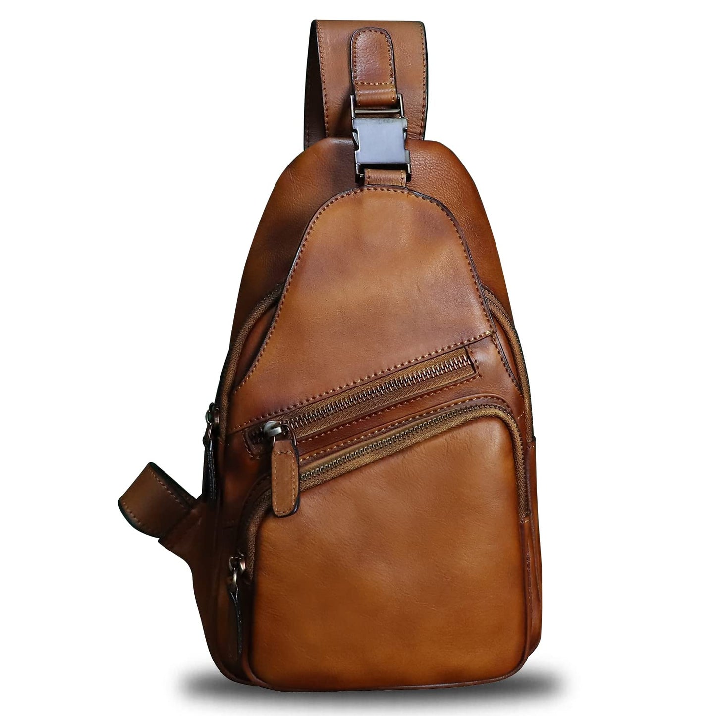 Genuine Leather Sling Bag Crossbody Purse Handmade Hiking Daypack Motorcycle Bag Retro Shoulder Backpack Vintage Chest Bag (Brown)