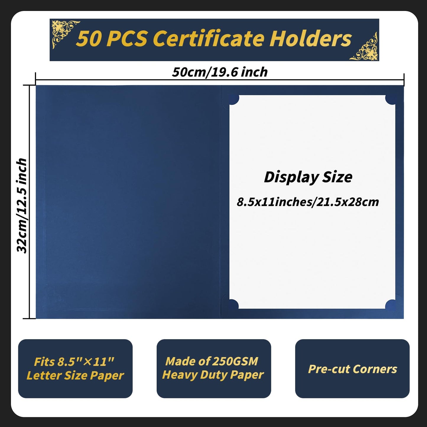 50 Pcs Certificate Holders Bulk, Navy Blue Diploma Covers Gold Foil Border, Document Covers for Letter Size 8.5x11 Award Certificates, Cardstock, Document Papers, Graduation