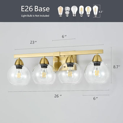 4-Light Bathroom Vanity Light, Gold Wall Sconce with Premium Hand-Crafted Glass Shades, Shatter-Resistant & Few Imperfections, Ideal for Mirror, Kitchen, Living Room