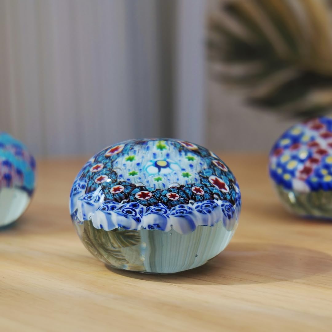 Yao Yuan Handcrafted Glass Paperweight - Beautiful Flower Figurine, Unique Desk Accessory for Home or Office (White millefiori, 3 in)