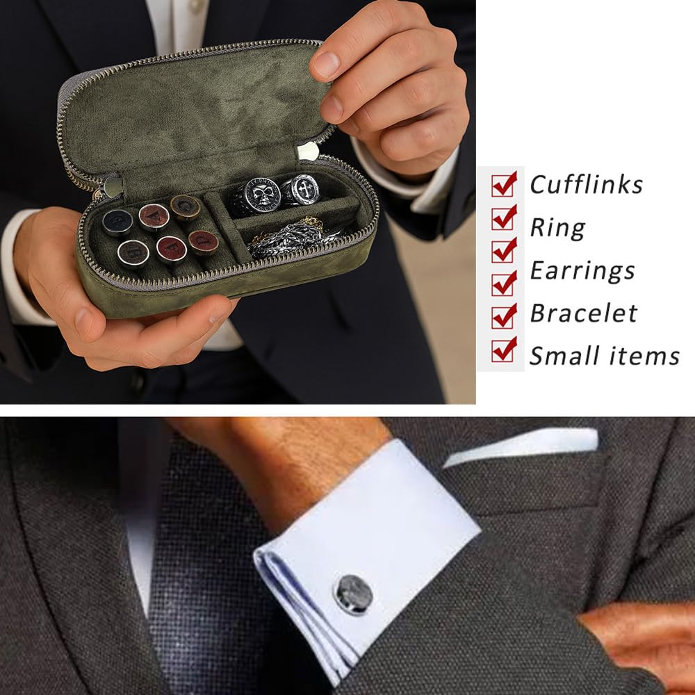 CONTACTS Crazy Horse Leather Cufflink Box for Men Travel Jewelry Storage Case Small Jewelry Organizer Padded Tray for Cufflinks Rings Earrings Studs (Green)