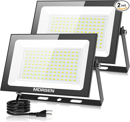 MORSEN 100W Flood Lights Outdoor, 18000lm Bright LED Work Light with Plug, 6500K Daylight White LED Flood Lighting, IP66 Waterproof Security Yard Lights for Yard Garage Stadium 2 Pack