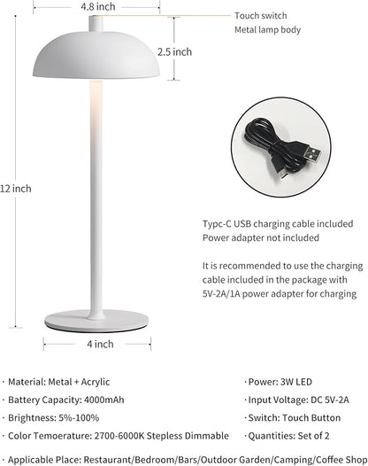 Cordless LED 12" Small Table Lamps Set of 2, Modern Portable Desk Lamp, 3 Color Dimming Rechargeable Battery Lights, for Bedroom, Outdoor, Restaurant, Bedside, Baby Night Light, Gifts (White)