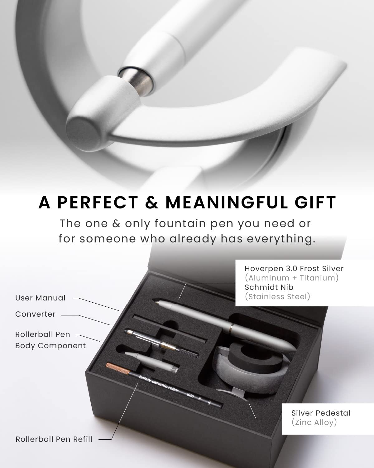 novium Hoverpen Future - Luxury Fountain Pen & Rollerball Pen All-In Gift Box, Schmidt Nib (Fine), Converter, Extra Refill, Aerospace Metal, Best Pen Gift Set for Men & Women (Frost Silver)