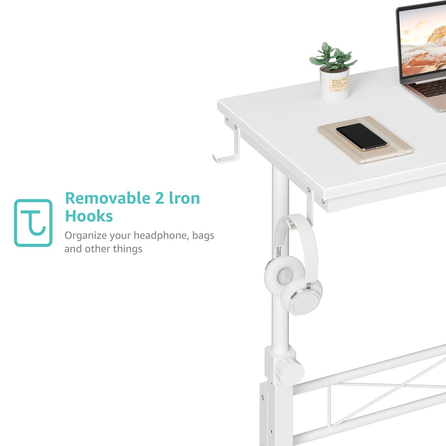 WINAZ Small Portable Treadmill Walking Pad Desk on Wheels, 32 Inch White Adjustable Height Mobile Rolling Standing Teacher Desks, Couch Sofa Side Laptop Stand Up Table for Bedroom, White