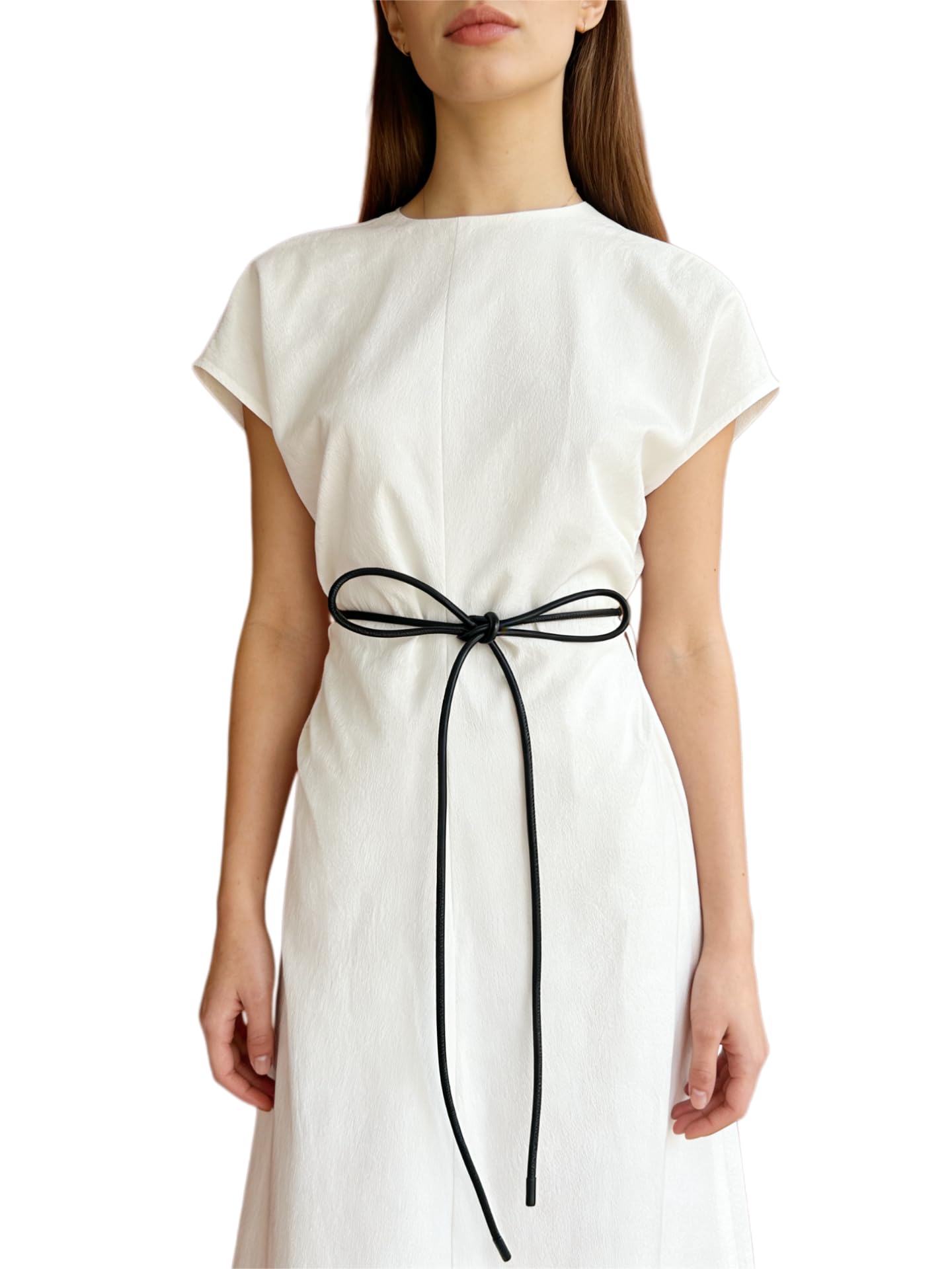 Women Long Slim Thin PU Leather Waist Tie Belt for Dress Coat String Belt Accessory (Black, Length 86.6")