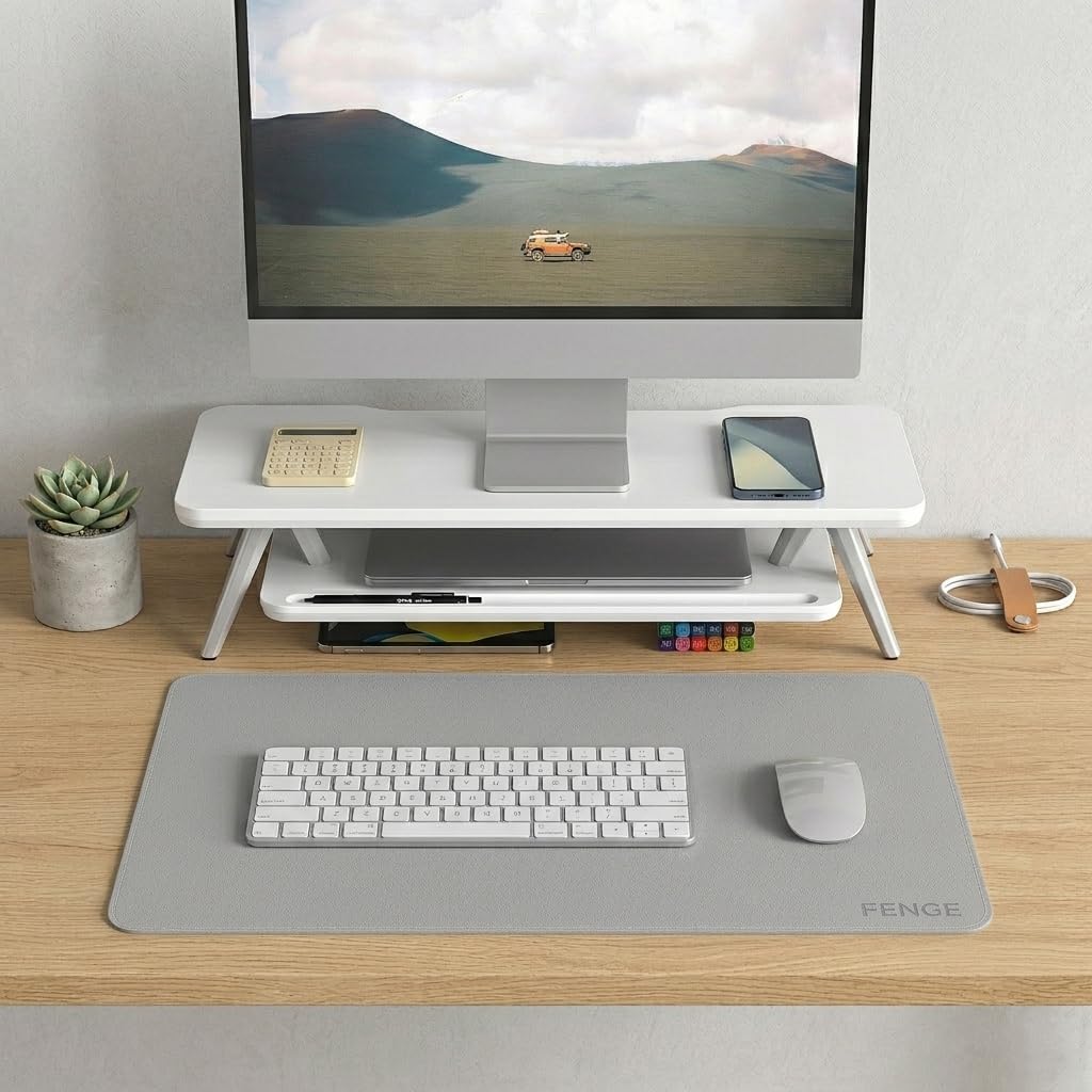 Fenge Desk Pad Mat, Water Resistant Mouse Pad, Double-Sided Mouse Mat with Anti-Slip Cork Base, Faux Leather Desk Blotter for Home Office, Laptop, Mouse, 23.6 x 13.8 Inches, Light Grey