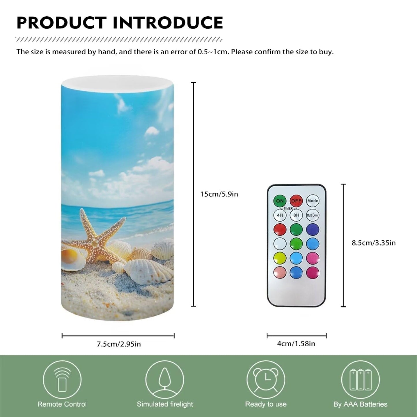 Poceacles Beach Starfish Seashell Blue Sky LED Flameless Candles Battery Operated Candles with Remote Control Timer Flickering Wick Pillar Candles for Coastal Home Bathroom Outdoor Decor