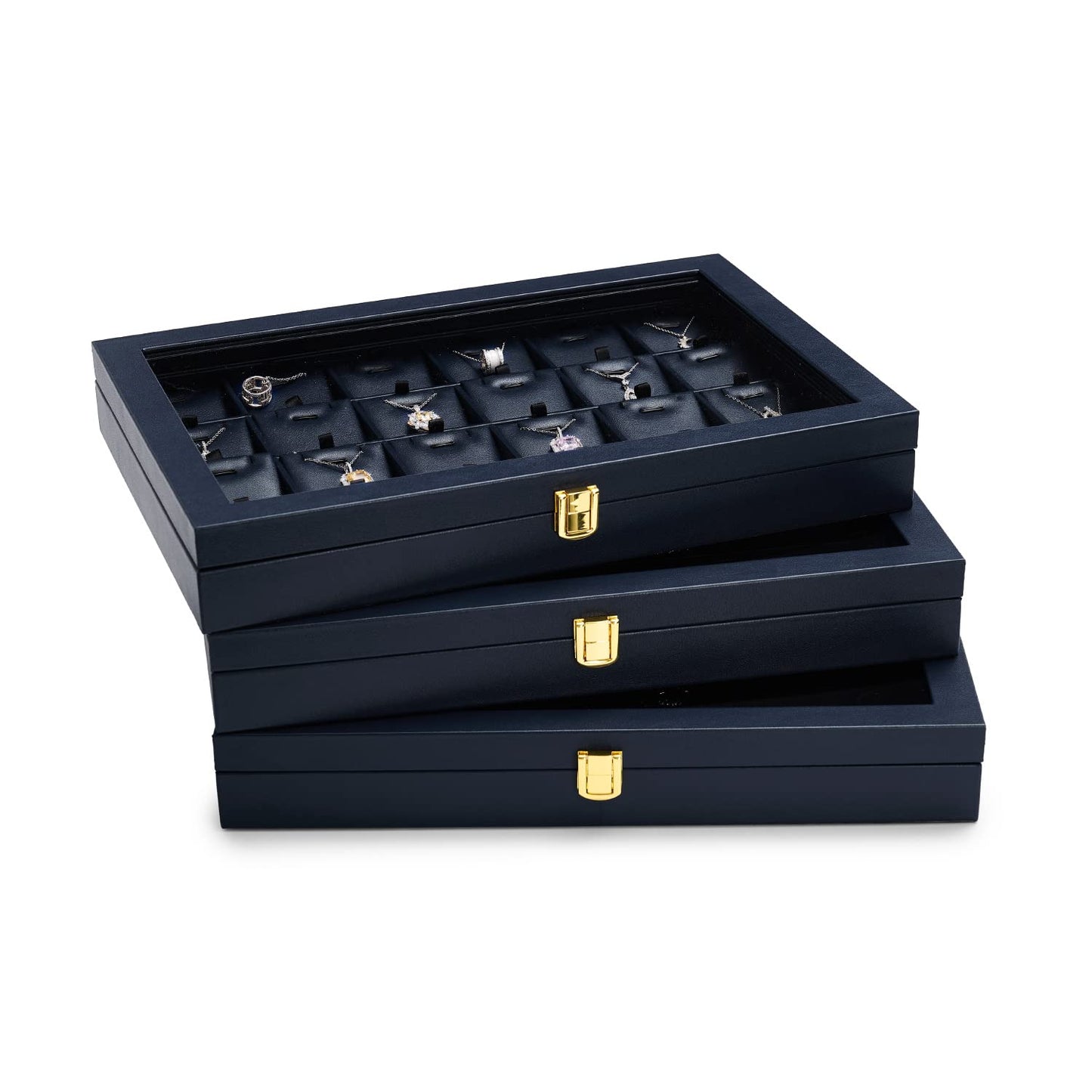 Oirlv Premium Blue Leather Rings Earrings Organizer Tray with Clear Lid Jewelry Display Box with Acrylic Lid Stackable Jewelry Box Drawer Inserts