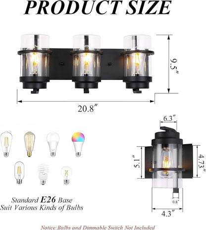 Bathroom Vanity Light Fixtures,Rustic Matte Black Vanity Lights 3 Bulb,Industrial Bathroom Light 3 Pack(Bulbs not Included)