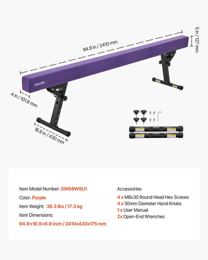 VEVOR Adjustable Balane Beam for Kids, 8FT Gymnastics Beam, High and Low Floor Beams of 5 Adjustable Heights for All Gymnastic Levels, Professional Gymnastic Equipment for Home and Gym Center, Purple
