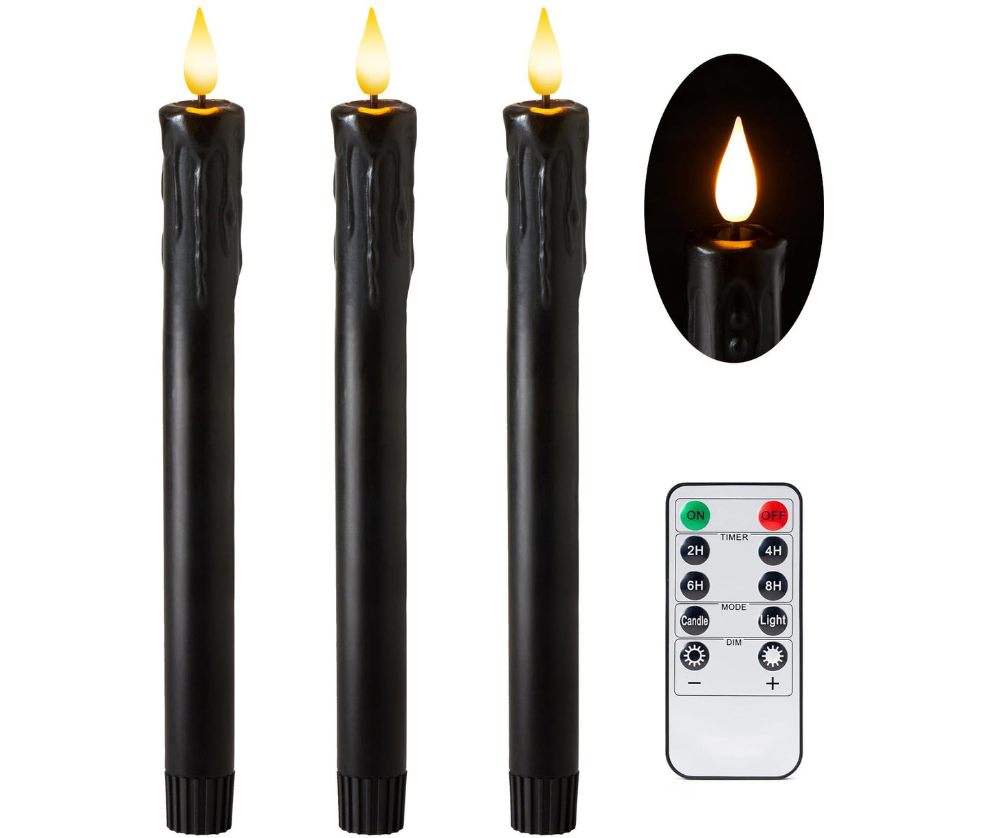 Velsyn Black Flameless Taper Candles with Remote and Timer - 9.65 Inch Real Wax LED Candlesticks - Wax Drip Battery Operated Halloween Taper Candles with 3D Flickering Flame Halloween Decor, 3 Pack