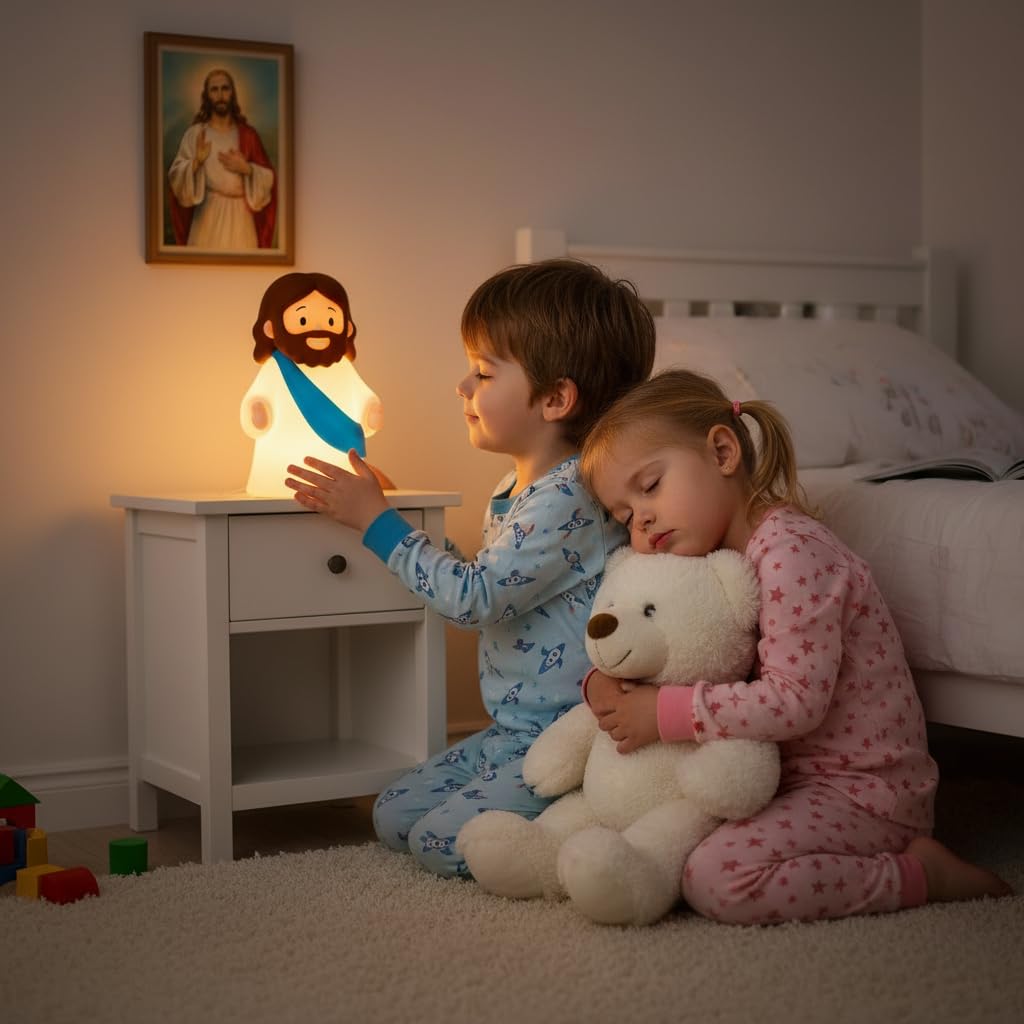 magical JD Little Jesus Night Light, Mini Silicone Jesus Lamp, Dimmable Rechargeable Touch Bedside Lamp for Nursery & Kids, Ideal Religious Gift for Christmas, Easter and Baptism (Blue)