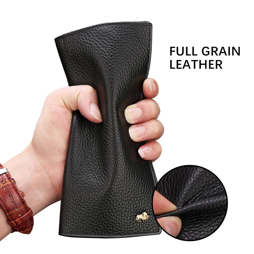 BISON DENIM RFID Bifold Wallets Slim Credit Card Wallet Real Leather Mens Long Wallet with Zipper Coin Pocket