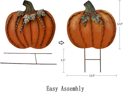 Metal Pumpkin Stakes Yard Signs Fall Decor Decorative Garden Stake Lawn Pumpkins Ornaments Outdoor Autumn Decoration for Harvest Halloween Thanksgiving (17.5" H Orange x2)