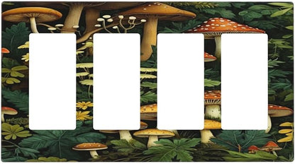 Mushrooms Forest Nature Botanical Art Light Switch Cover 4 Gang Rocker Decora Outlet Covers Wall Plate Decorative Switchplate Electrical Faceplate GFCI for Farmhouse Living Decor