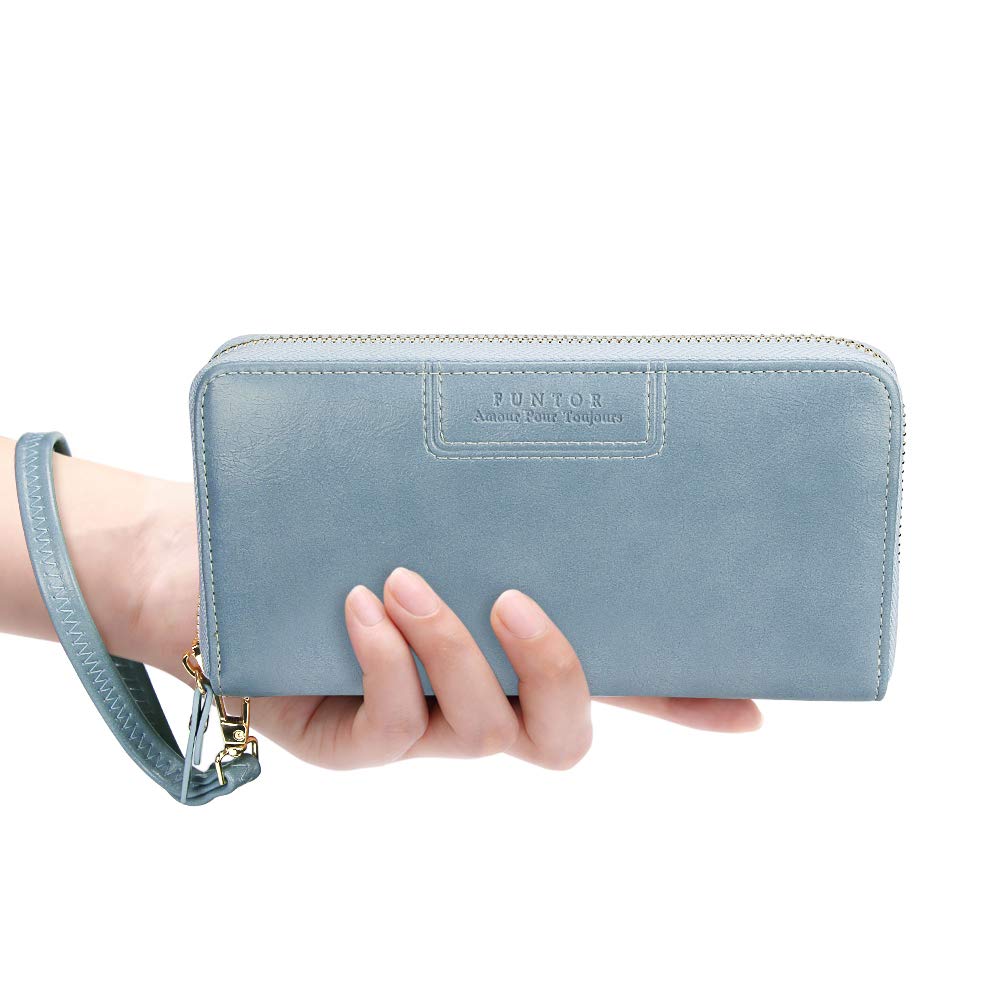FT FUNTOR Wristlet Wallet for Women, Ladies Zip around Wallet PU Vegan Leather Clutch Long Purse Phone Card Holder Organizer Blue