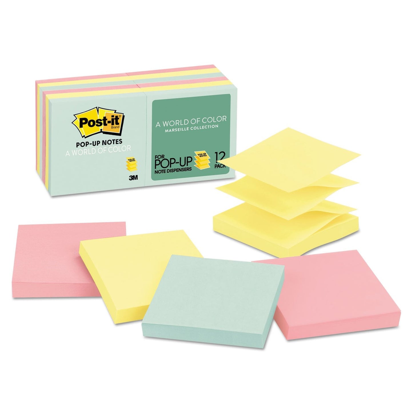 Post-it Pop-up Notes, 12 Sticky Note Pads, 3 x 3 in., School Supplies, Office Products, Accordion Sticky Notes Work with Pop-Up Note Dispenser, Beachside Café Collection