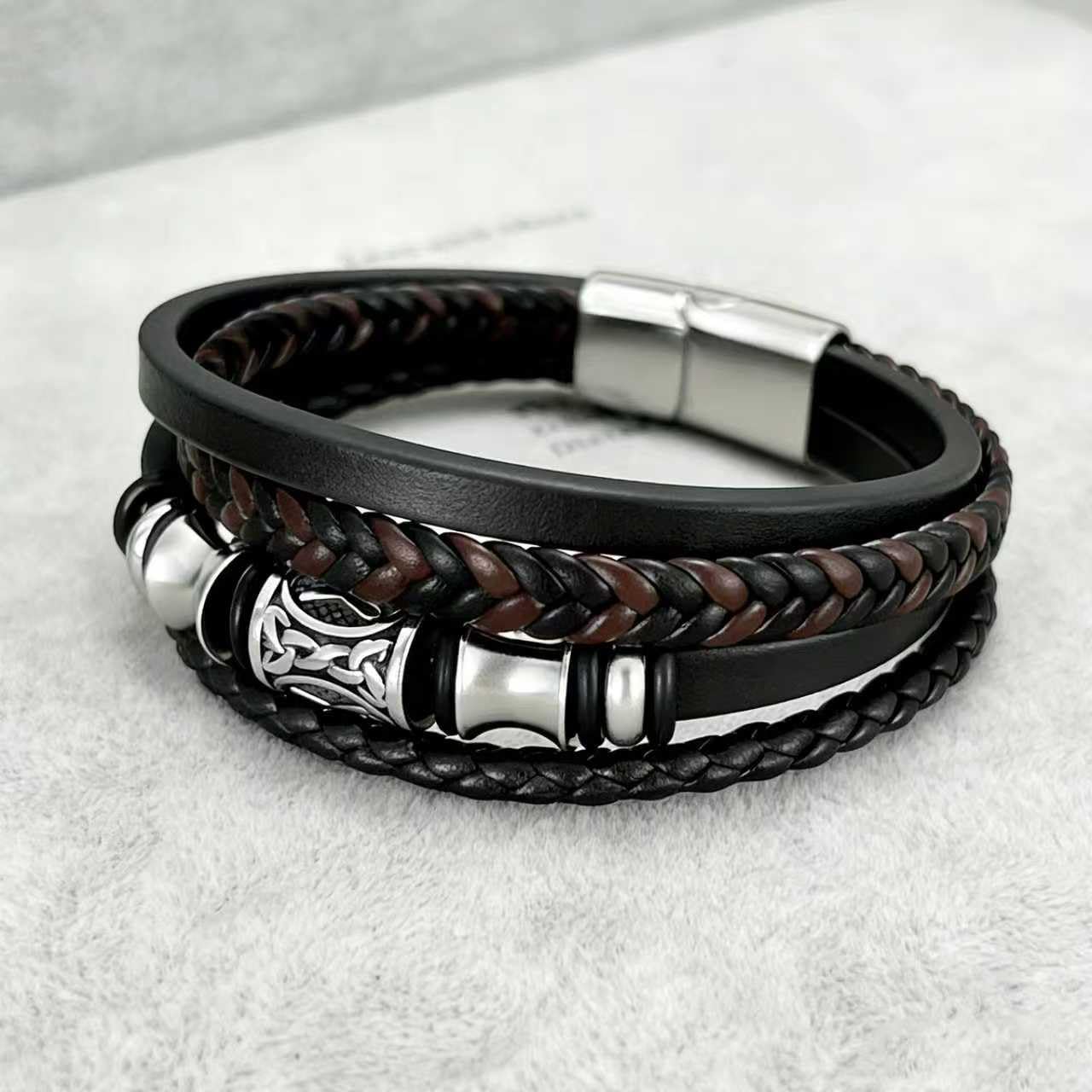 Kim Carrey Italian Handmade Genuine Leather Bracelets for Men Stainless Steel Clip, Men's Casual Genuine Multi-layer Cuff Bracelet, Bracelet Gift for Real Men (8.2“)