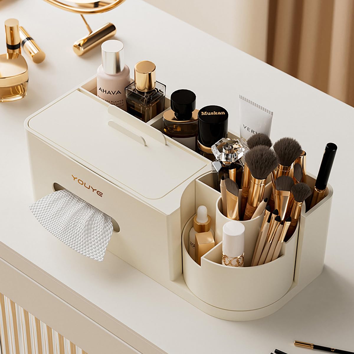 Aiabaleaft Multifunctional Organizer Rotating Brush Holder Makeup Organizer With Tissue Box for Study Table Living Room Dressers Home Office (White)