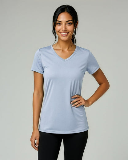 Real Essentials 5 Pack: Women's Dry-Fit Short Sleeve V Neck T Shirt Workout Fitness Yoga Top Tee, Set 16, L
