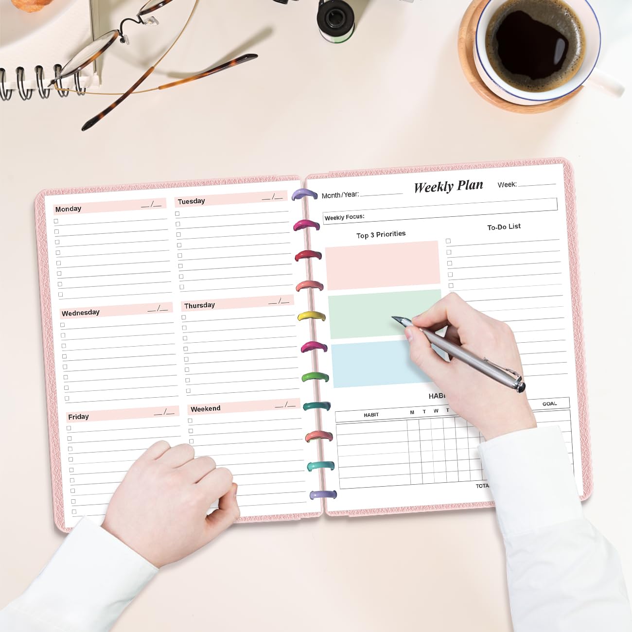 Weekly Planner Undated Refills - Letter Size 53 Sheets/106 Pages Colorful Weekly Planner for 11-Disc Discbound, TUL, 100 gsm White Paper, Lasts 1 Year, Undated, 8.5" x 11"