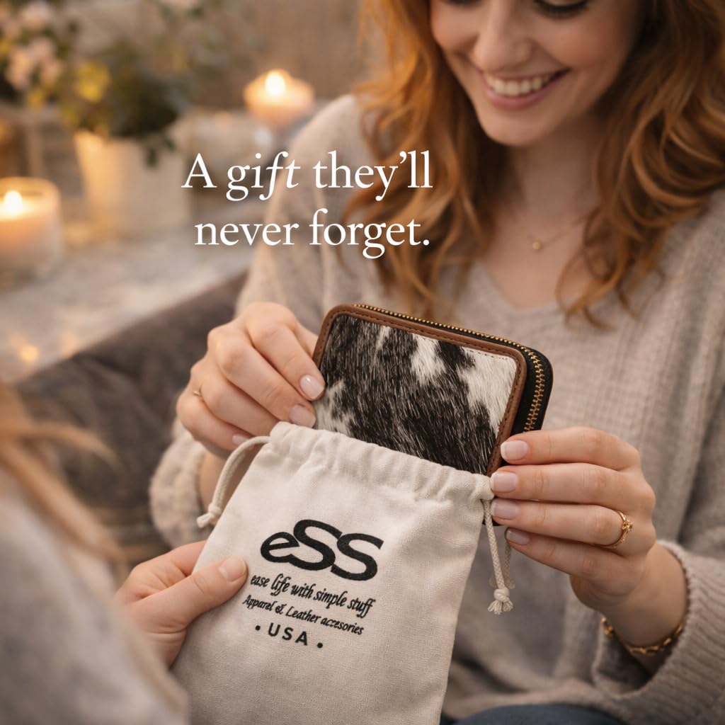 ESS Cowhide Leather Hair-On Wallet Women Small Zip Accordion Card Holder RFID Compact Organizer with Coin Pocket Secure Zipper Stylish Gift Pouch Minimal Everyday Carry